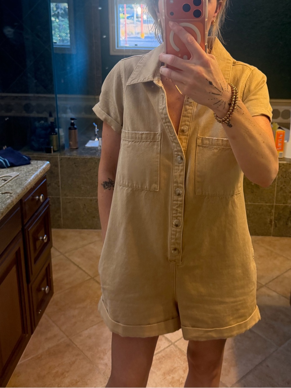 Show Me Your MuMu Button-Front Short Romper in Beige